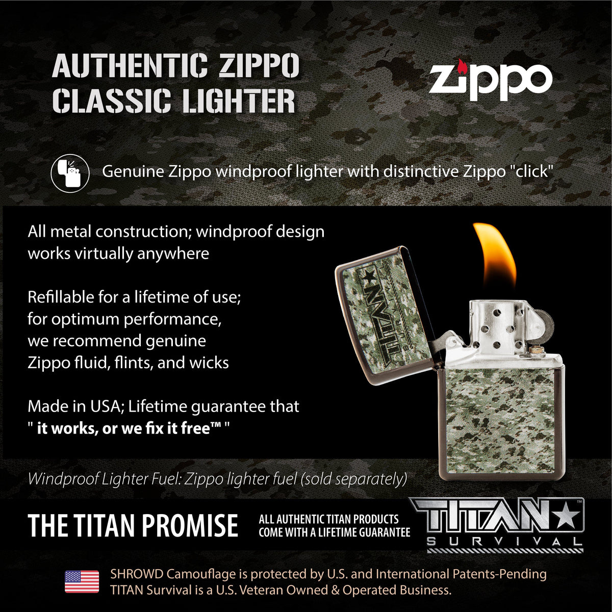 Camouflage Zippo Lighter Gift Set - Lighter Features