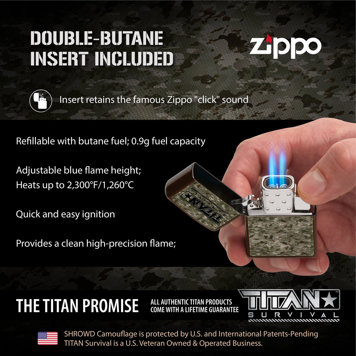 Camouflage Zippo Lighter Gift Set - Butane Insert Features