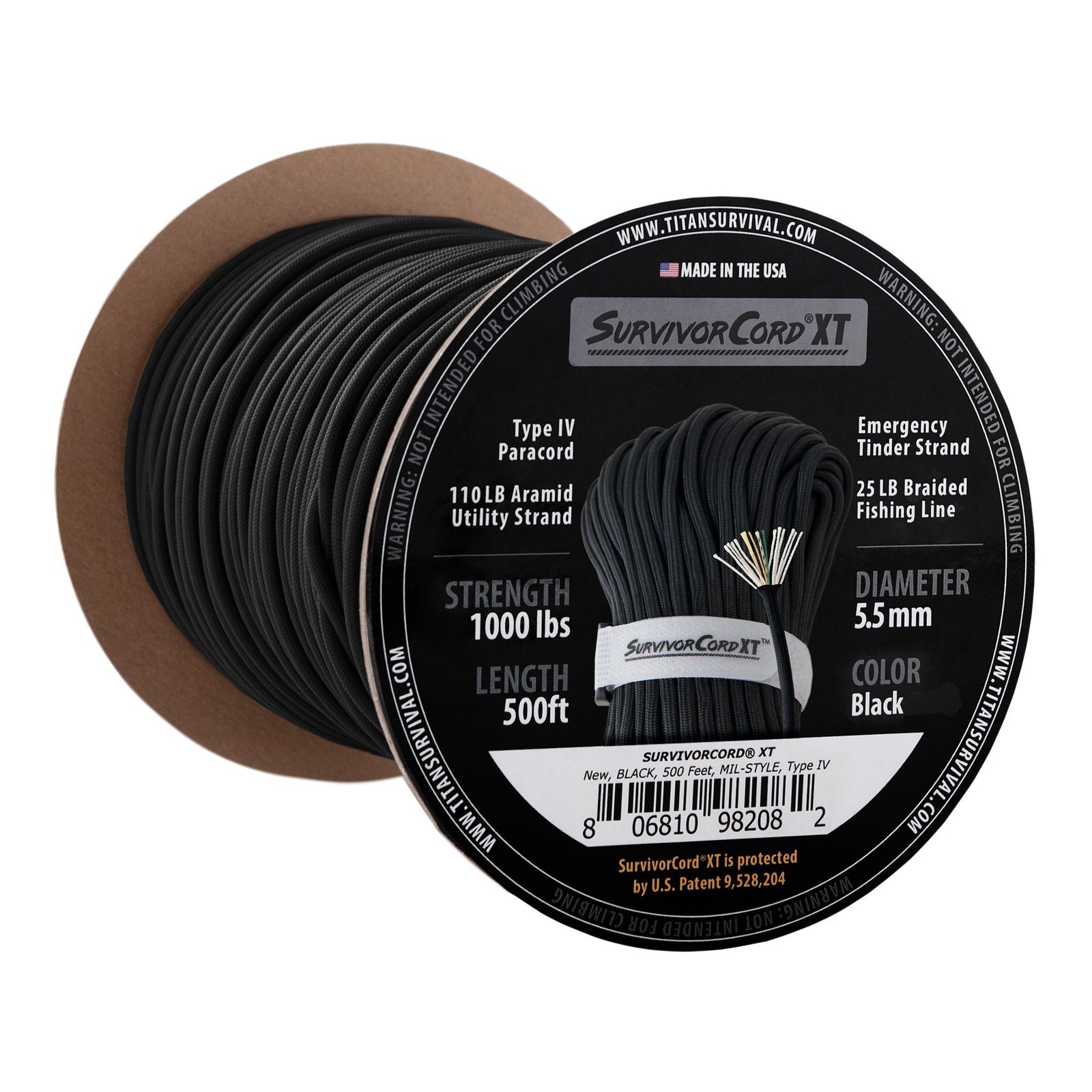 SurvivorCord XT Spool, 500 FOOT SurvivorCord XT TITAN Survival Tactical Black 